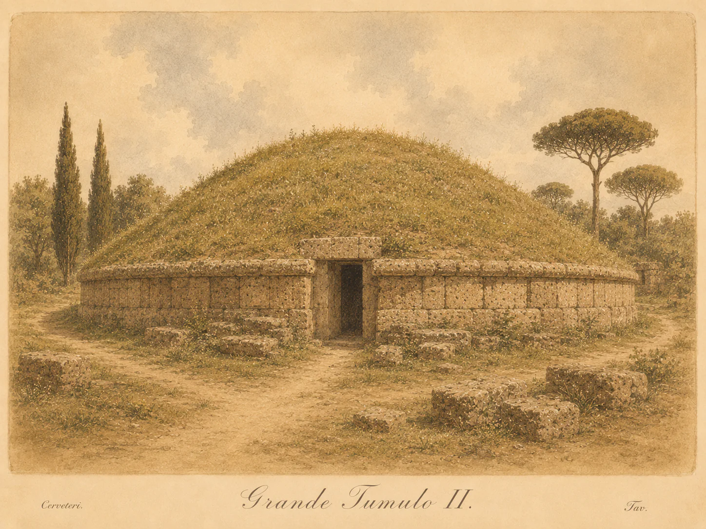 Ricostruzione illustrata di Grande Tumulo II
