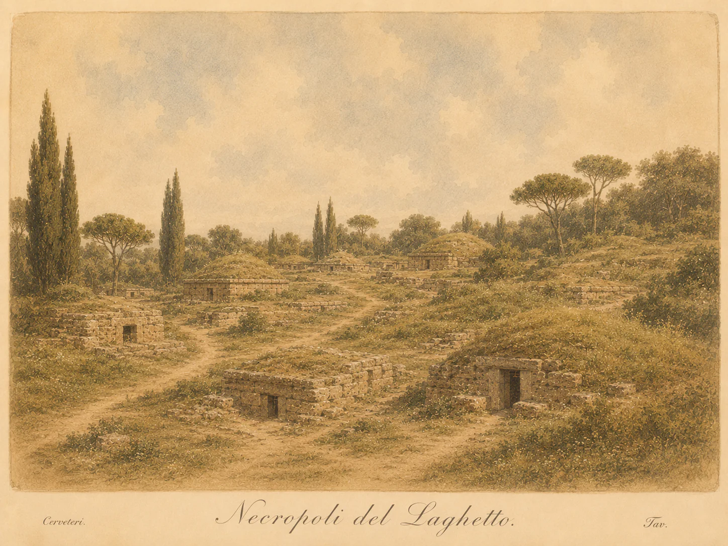 Illustrated reconstruction of the Laghetto Necropolis