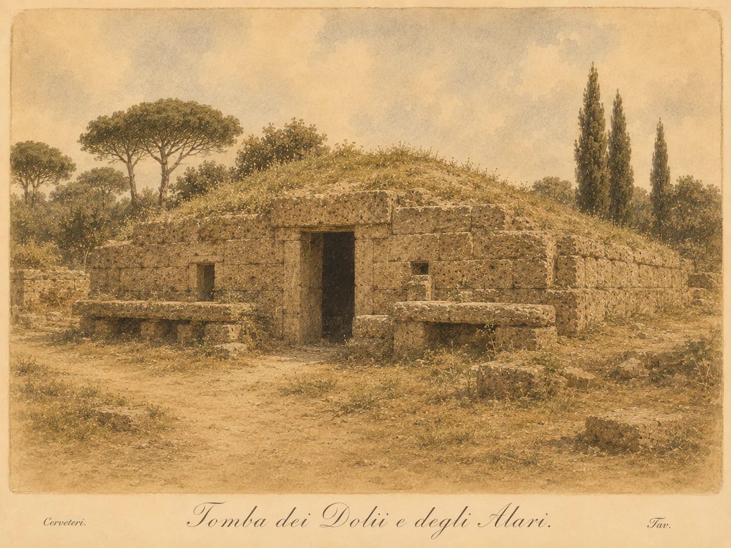 Ricostruzione illustrata di Tomba dei Dolii e degli Alari