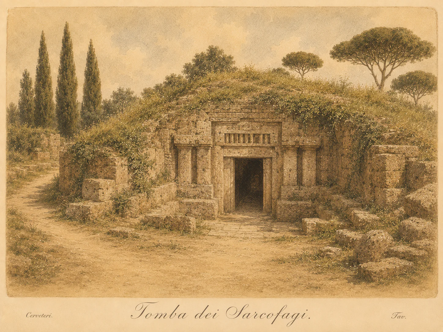 Illustrated reconstruction of the Tomb of the Sarcophagi