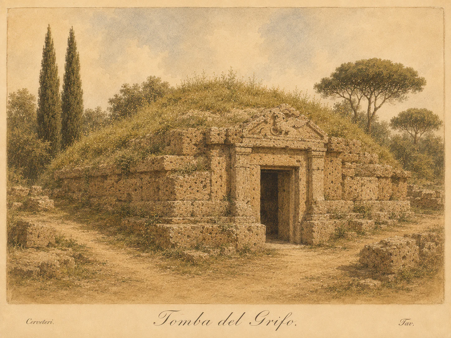 Illustrated reconstruction of the Tomb of the Griffin
