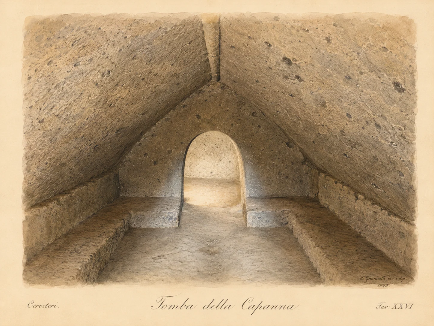 Ricostruzione illustrata di Tomba della Capanna