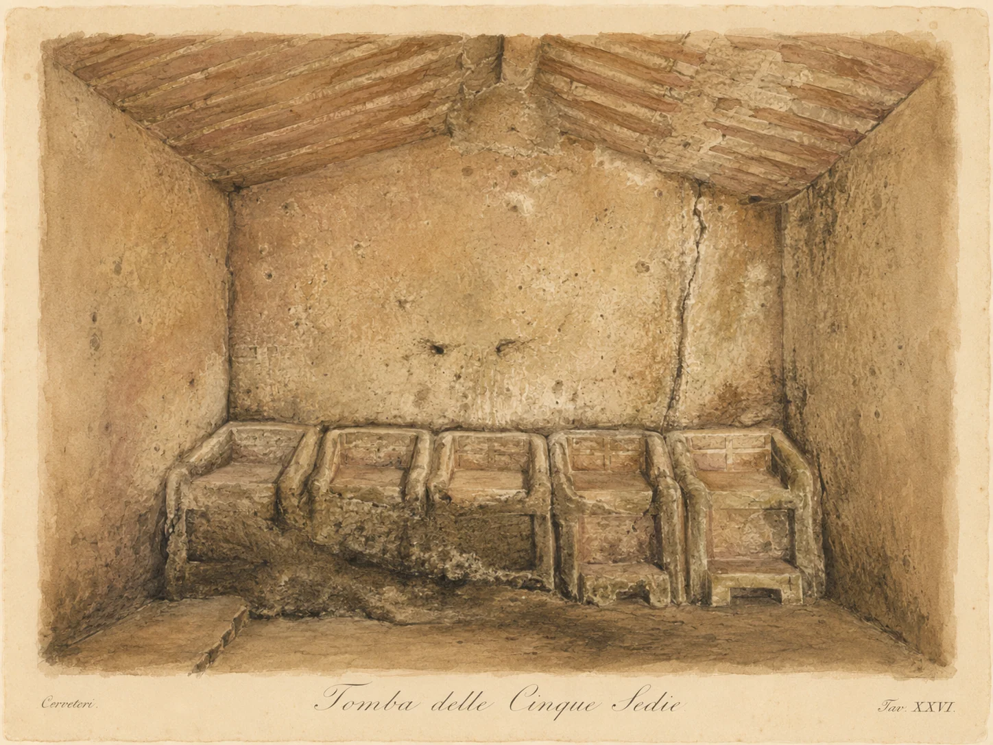 Ricostruzione illustrata di Tomba delle Cinque Sedie