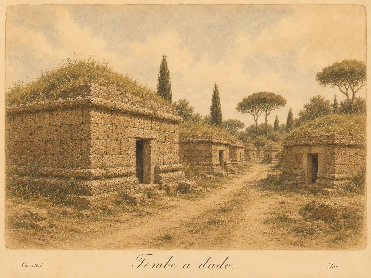 Ricostruzione illustrata di Tombe a Dado della Via dei Monti
