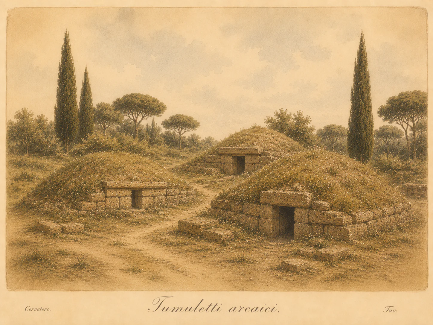 Ricostruzione illustrata di area dei Tumuletti Arcaici