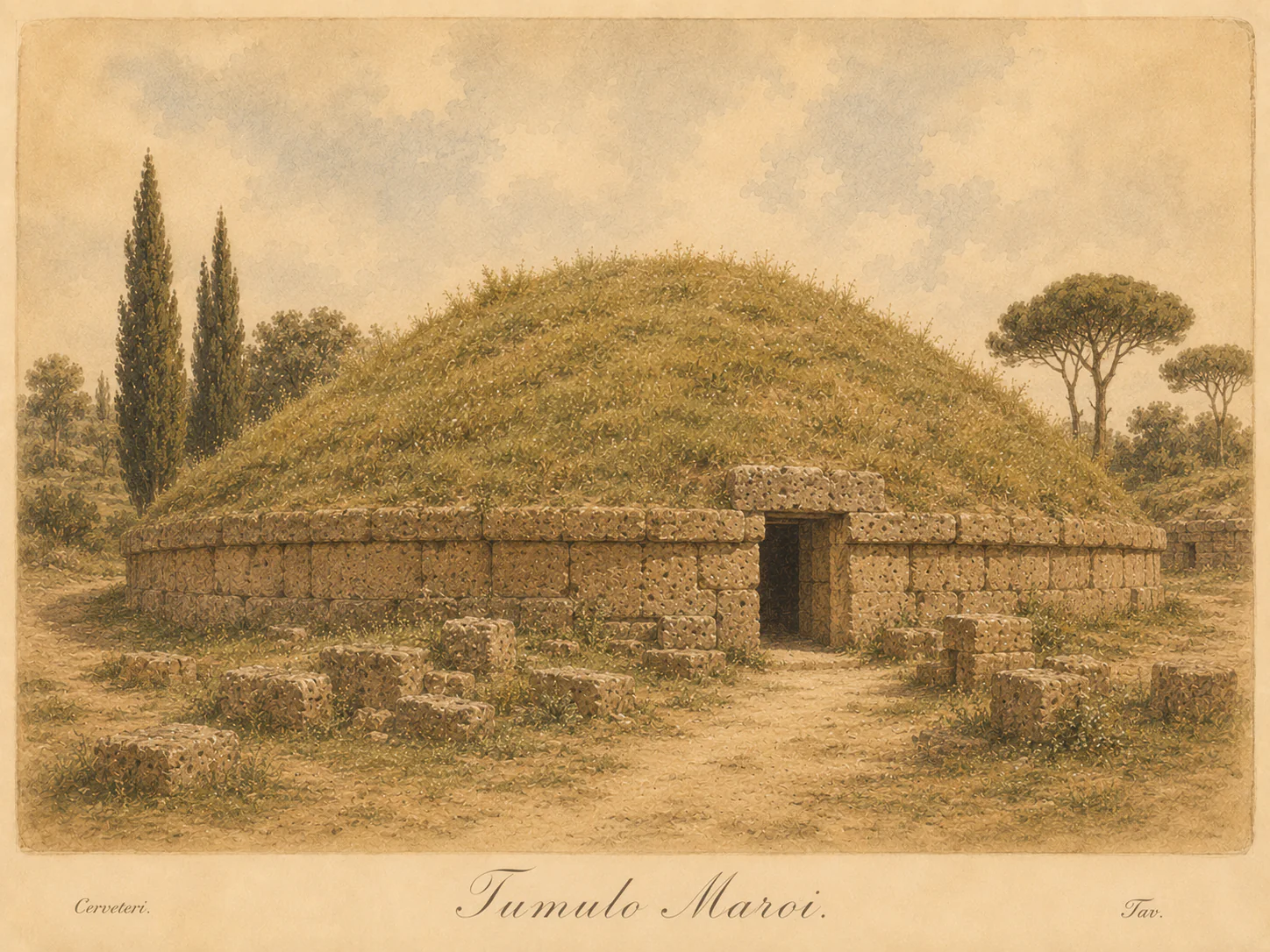 Ricostruzione illustrata di Tumulo Maroi